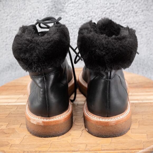 Botkier Winter Boots Black Leather Faux Fur Trim Round Toe Lace Up Size 10 M - Picture 5 of 8